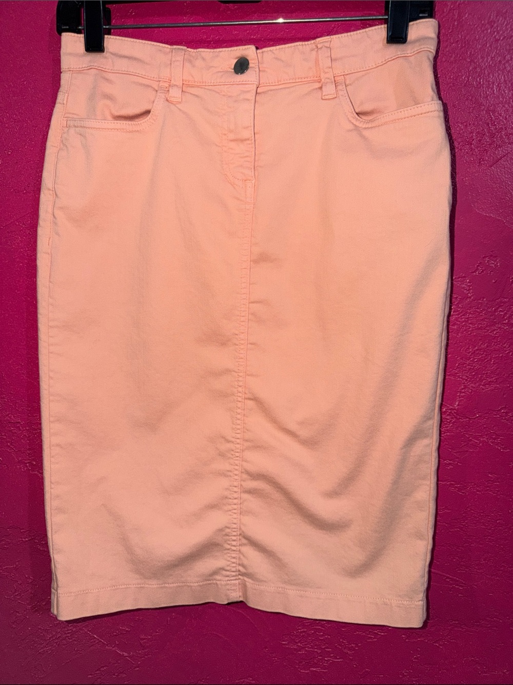 Eileen Fisher organic cotton peach denim Pencil Skirt. Sz 2. Capsule wardrobe.